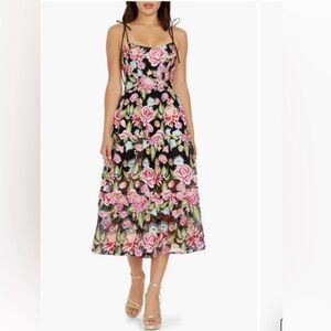 Dress the Population Black and Pink Floral Midi Dress